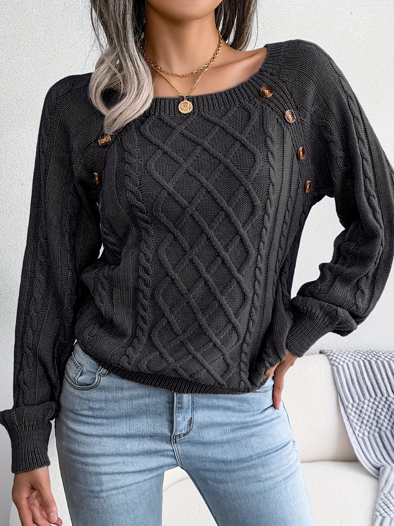 solid cable knit sweater casual crew neck long sleeve sweater womens clothing details 28