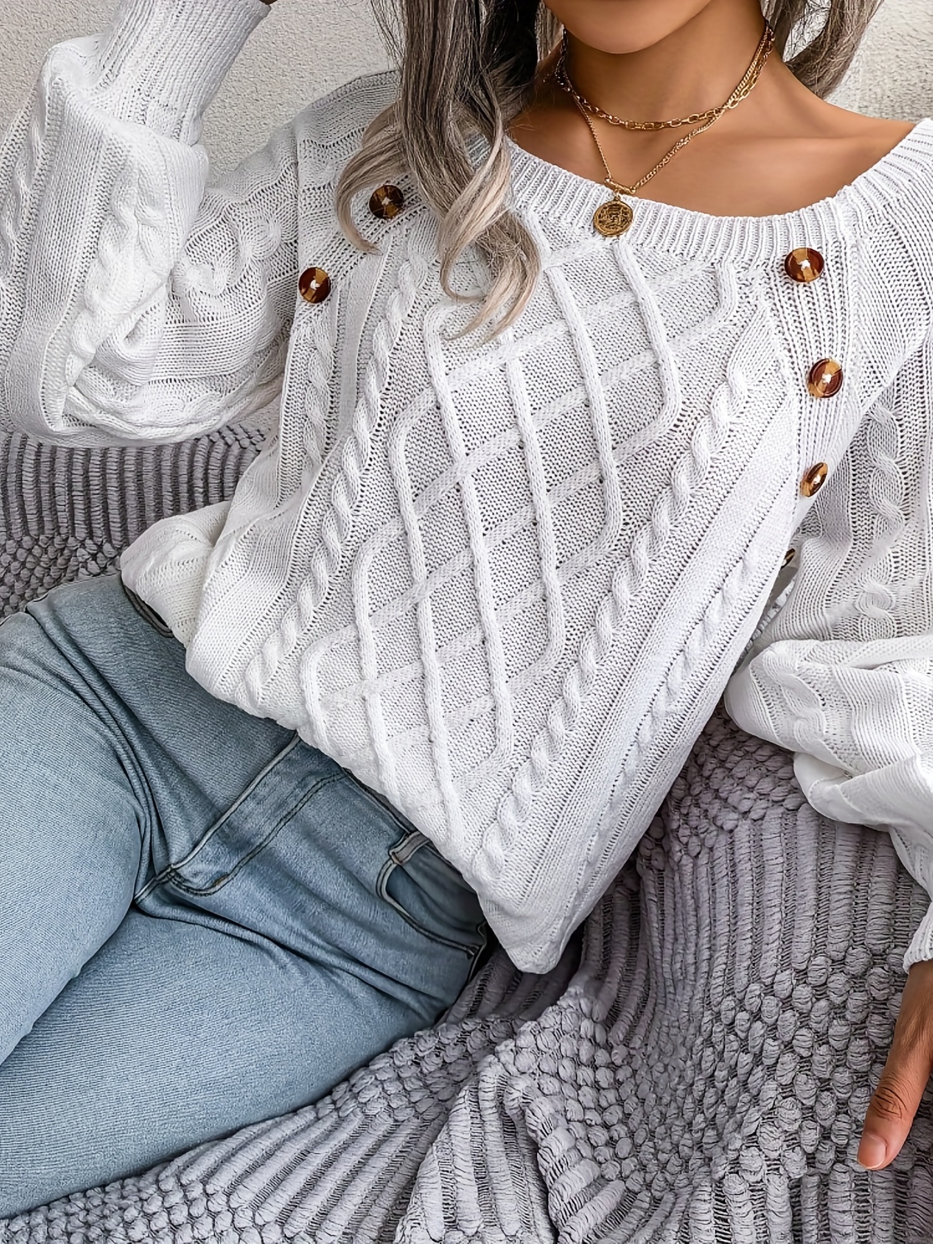 solid cable knit sweater casual crew neck long sleeve sweater womens clothing details 37