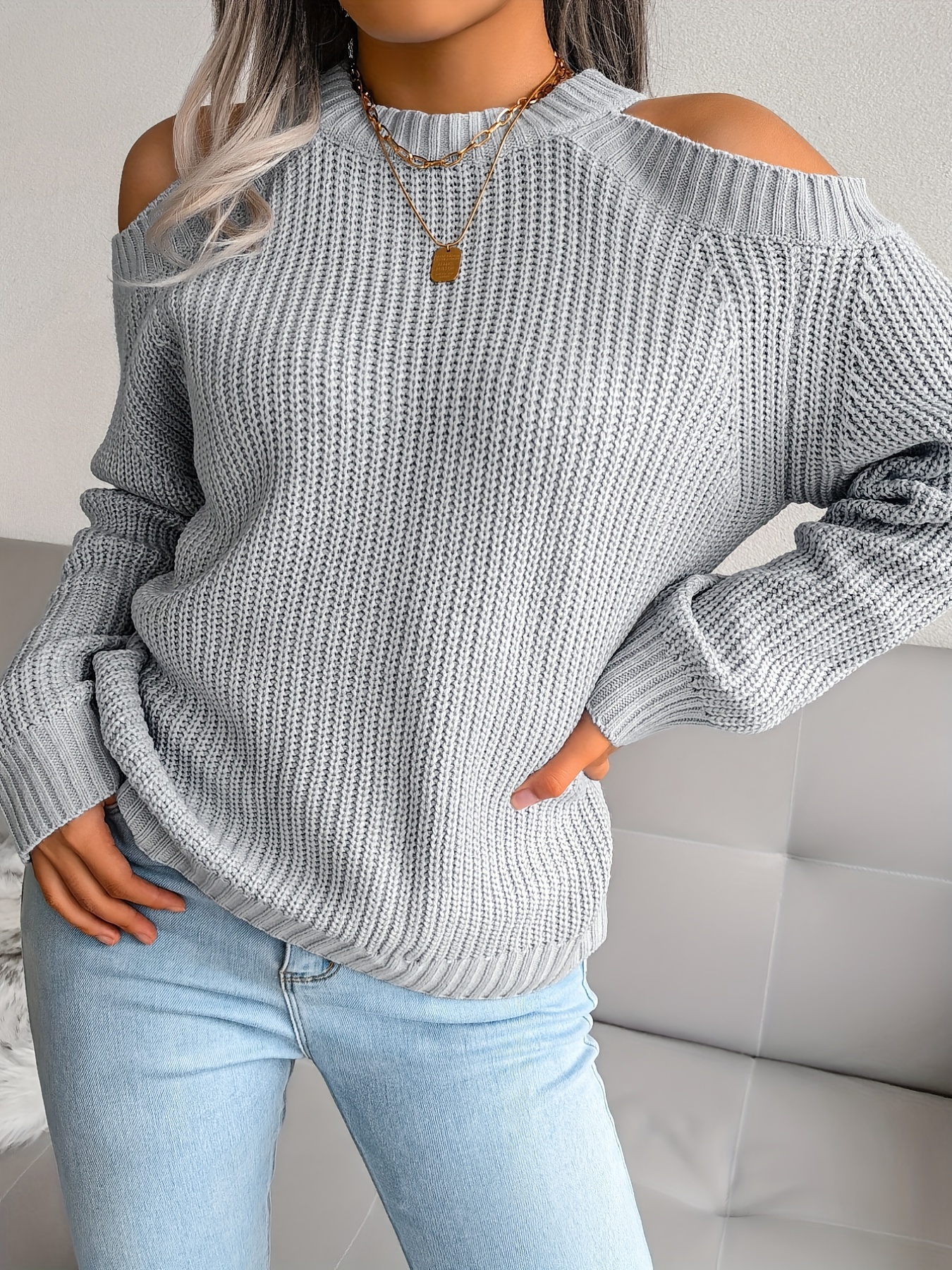 solid color crew neck cold shoulder knitted tops casual everyday pullover sweaters womens clothing details 0