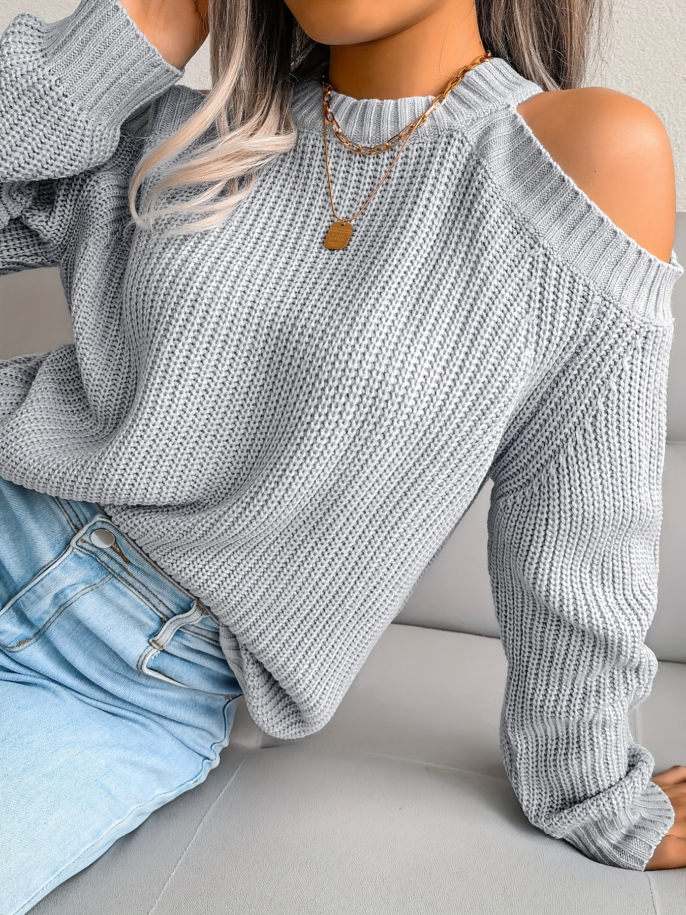 solid color crew neck cold shoulder knitted tops casual everyday pullover sweaters womens clothing details 1