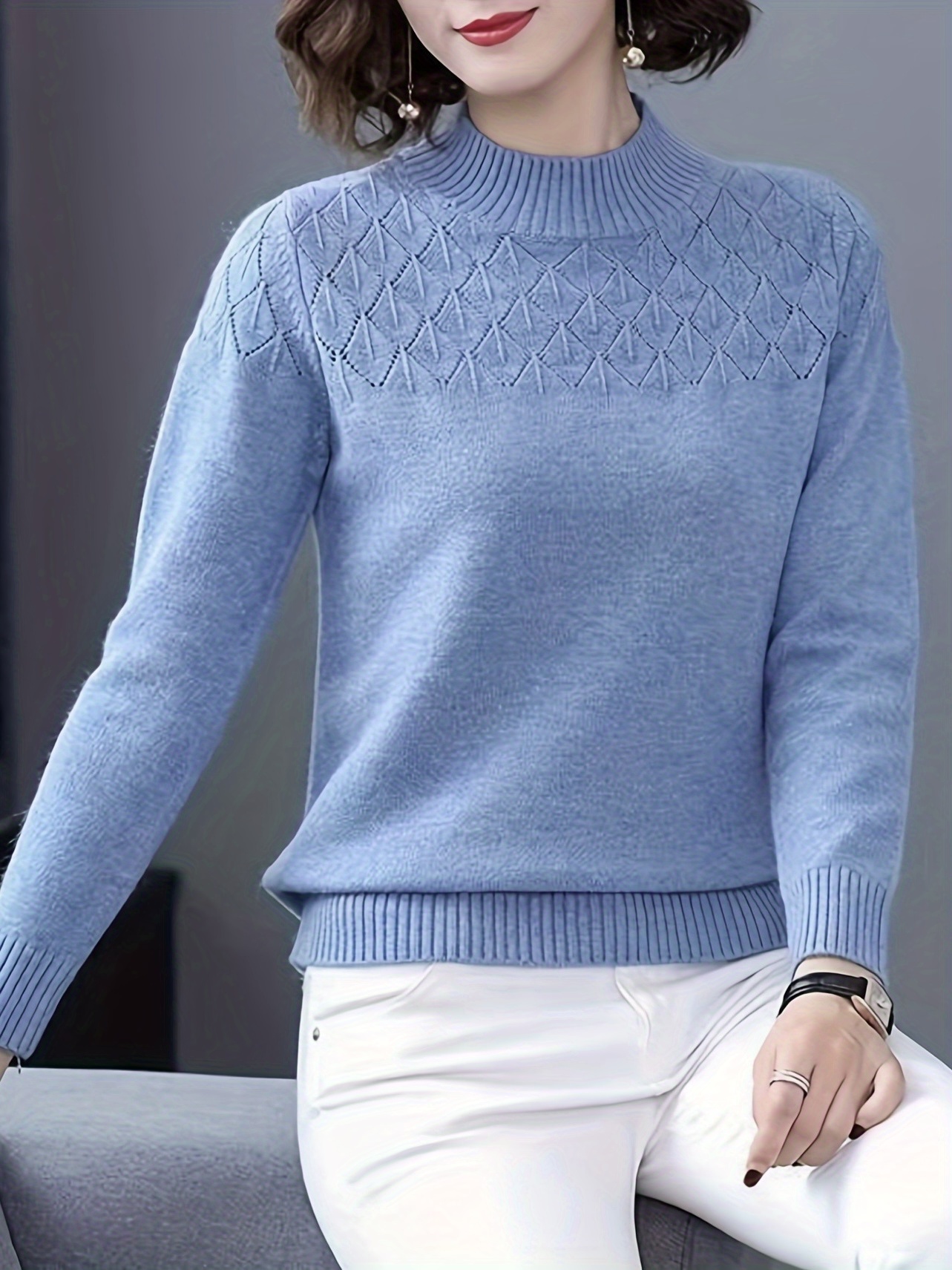 long sleeve mock neck sweater elegant casual sweater for fall spring womens clothing details 2