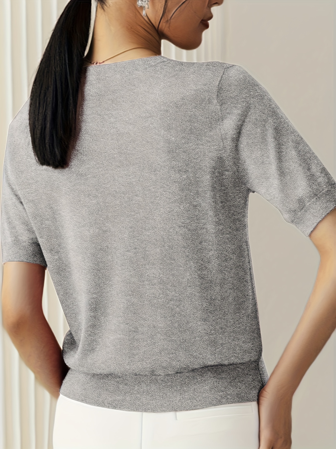 solid crew neck sweater casual short sleeve sweater for spring summer womens clothing details 4