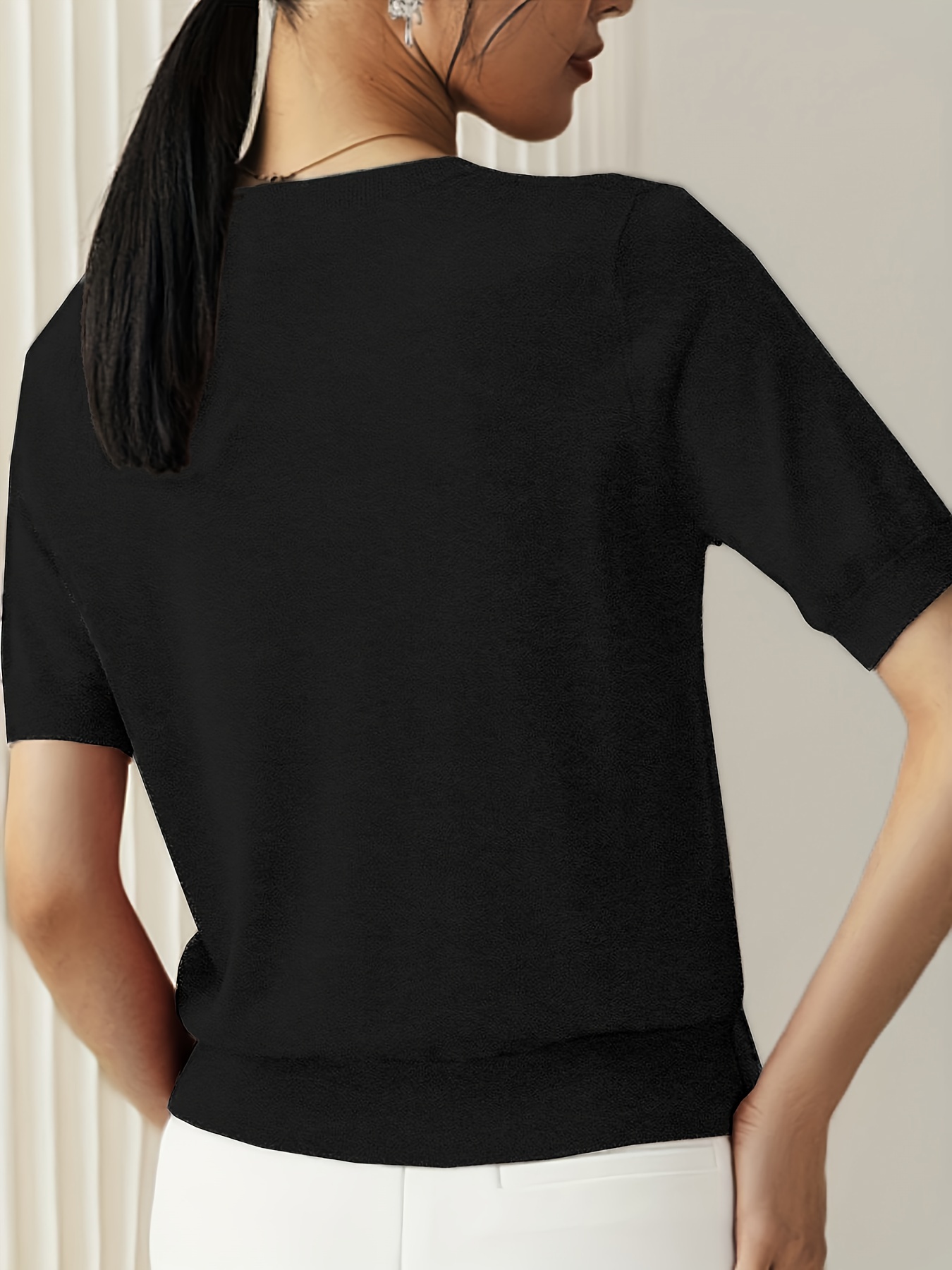 solid crew neck sweater casual short sleeve sweater for spring summer womens clothing details 10