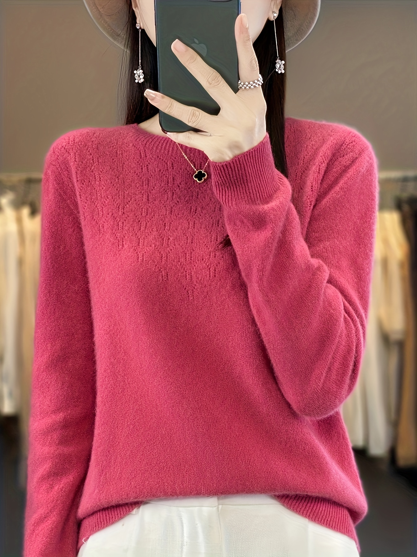 solid crew neck wool sweater casual long sleeve cozy basic sweater womens clothing details 0