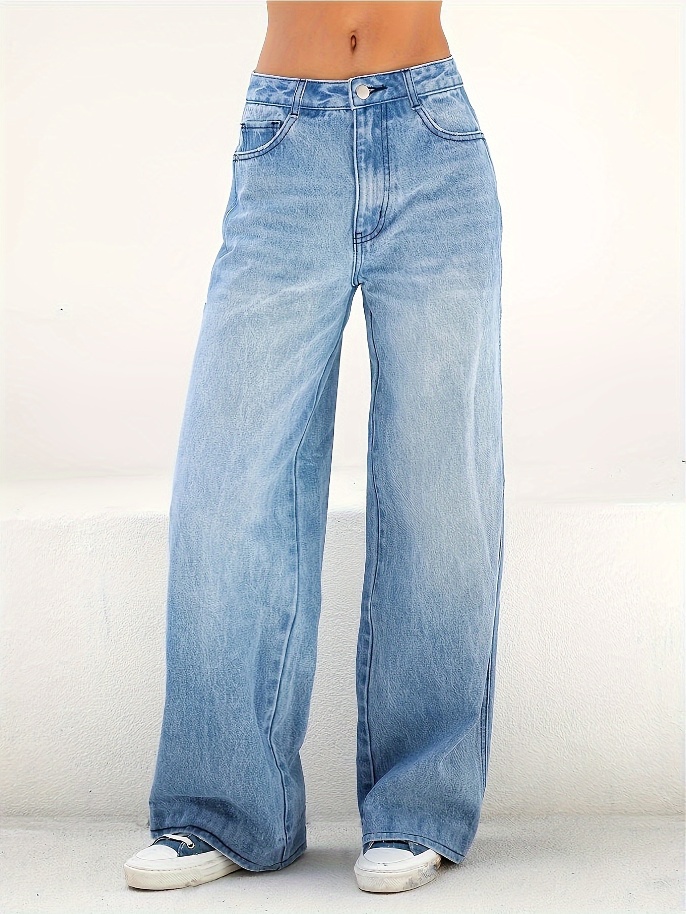 blue loose fit wide leg jeans high waist slash pockets high rise straight jeans womens denim jeans clothing details 1