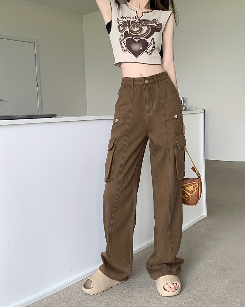 pink flap pockets cargo pants, plain flap pockets cargo pants non stretch loose fit high waist y2k kpop style straight jeans womens denim jeans clothing details 5