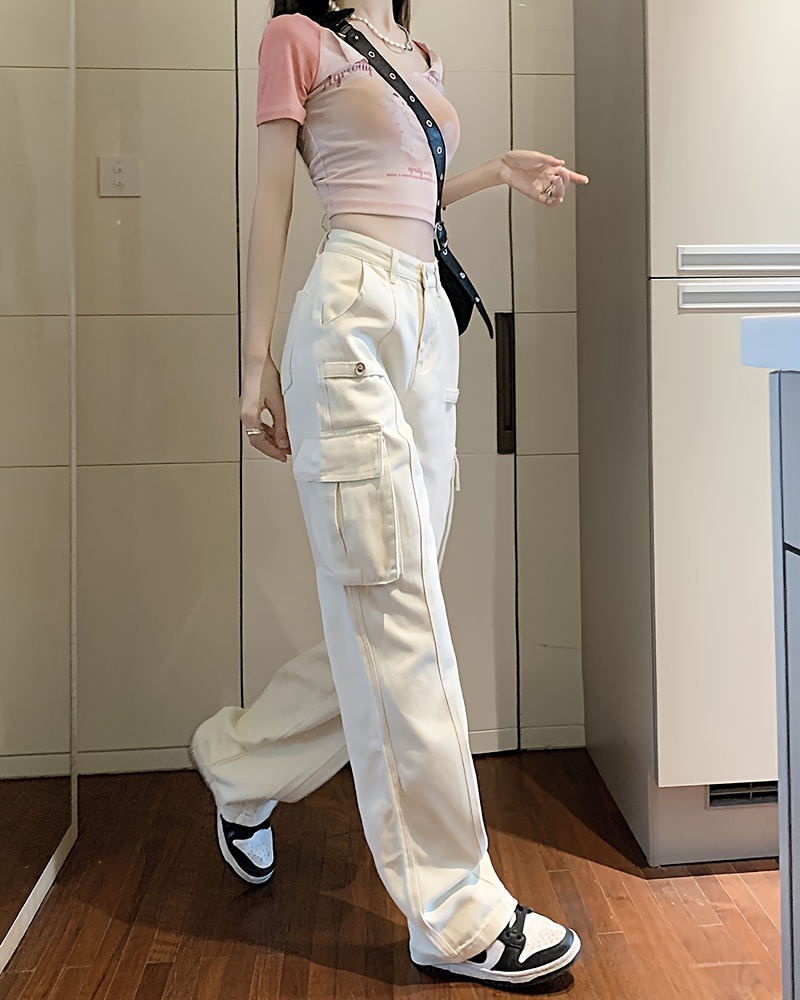 pink flap pockets cargo pants, plain flap pockets cargo pants non stretch loose fit high waist y2k kpop style straight jeans womens denim jeans clothing details 11