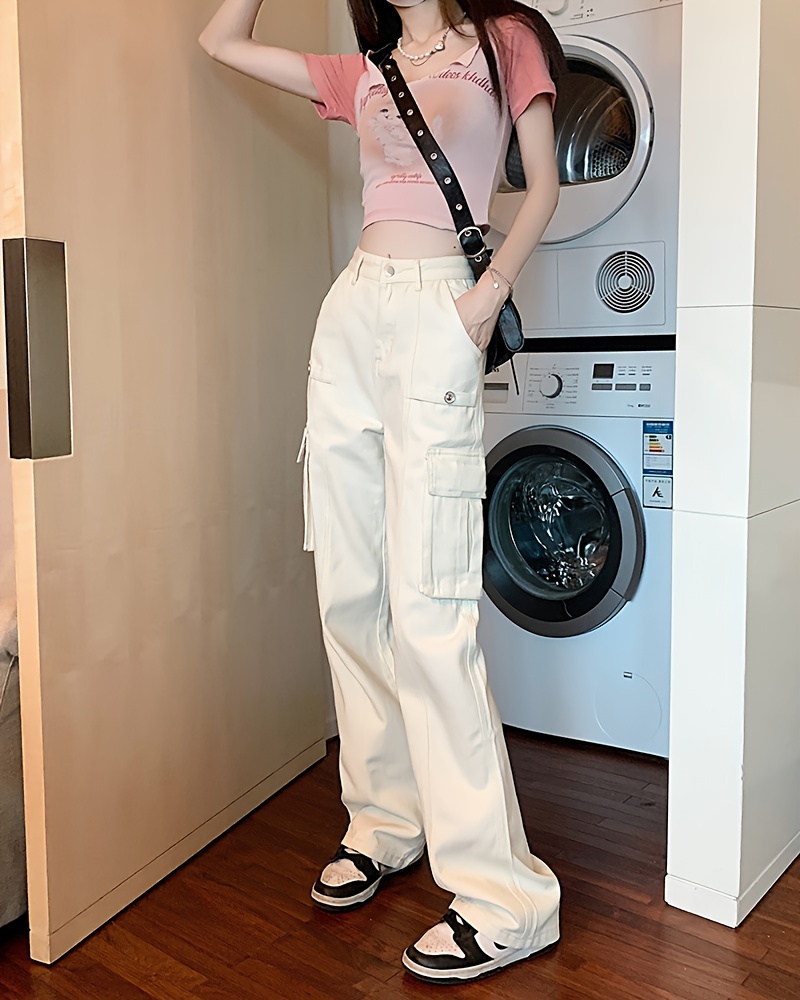 pink flap pockets cargo pants, plain flap pockets cargo pants non stretch loose fit high waist y2k kpop style straight jeans womens denim jeans clothing details 12