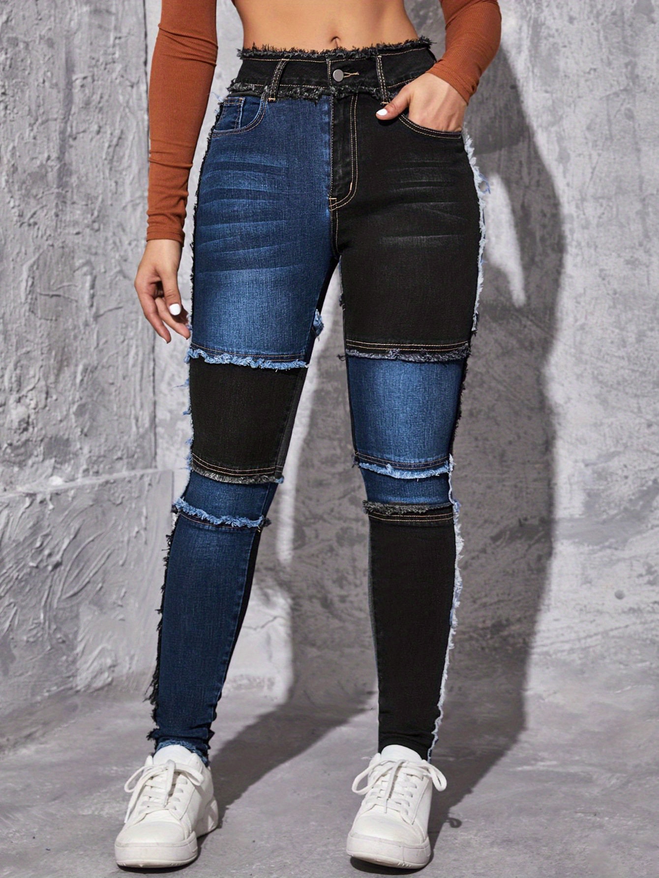 colorblock raw hem skinny jeans slim fit slash pockets high stretch patchwork casual denim pants womens denim jeans clothing details 0