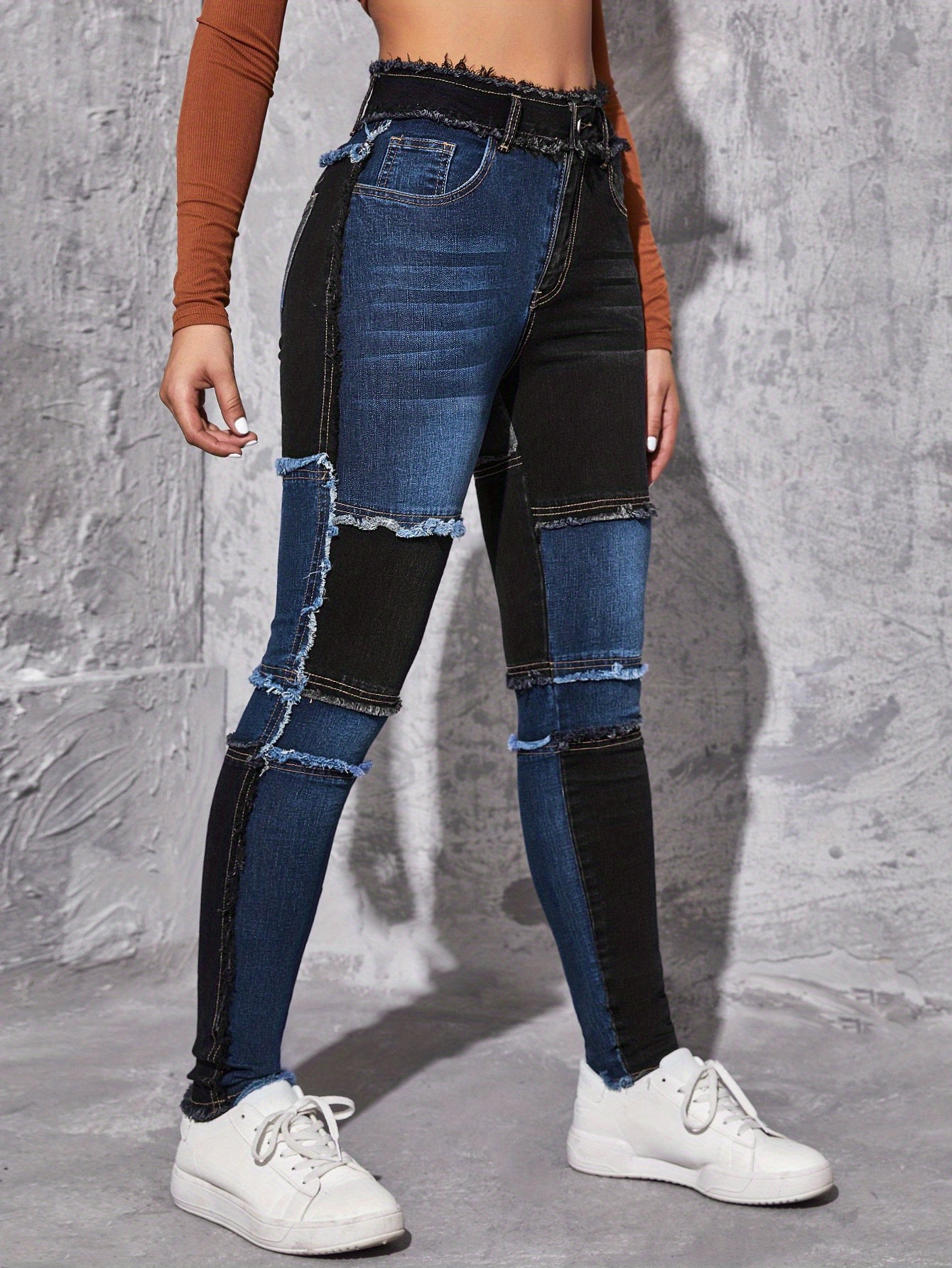 colorblock raw hem skinny jeans slim fit slash pockets high stretch patchwork casual denim pants womens denim jeans clothing details 1