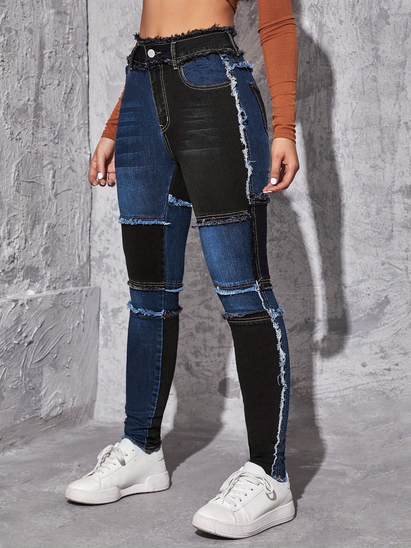 colorblock raw hem skinny jeans slim fit slash pockets high stretch patchwork casual denim pants womens denim jeans clothing details 4