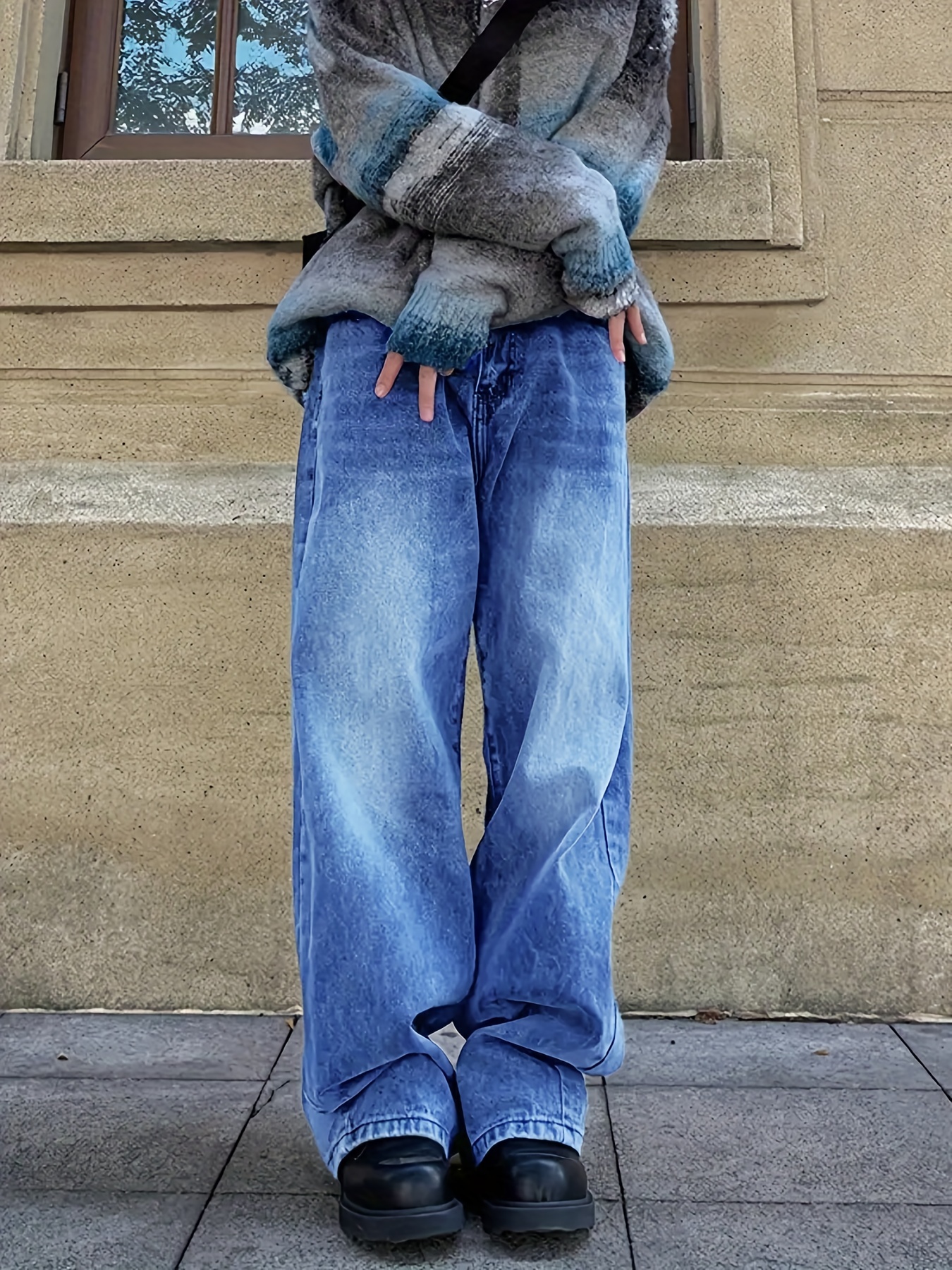 plain wide legs straight jeans loose fit slash pockets high stretch denim pants womens denim jeans clothing details 5