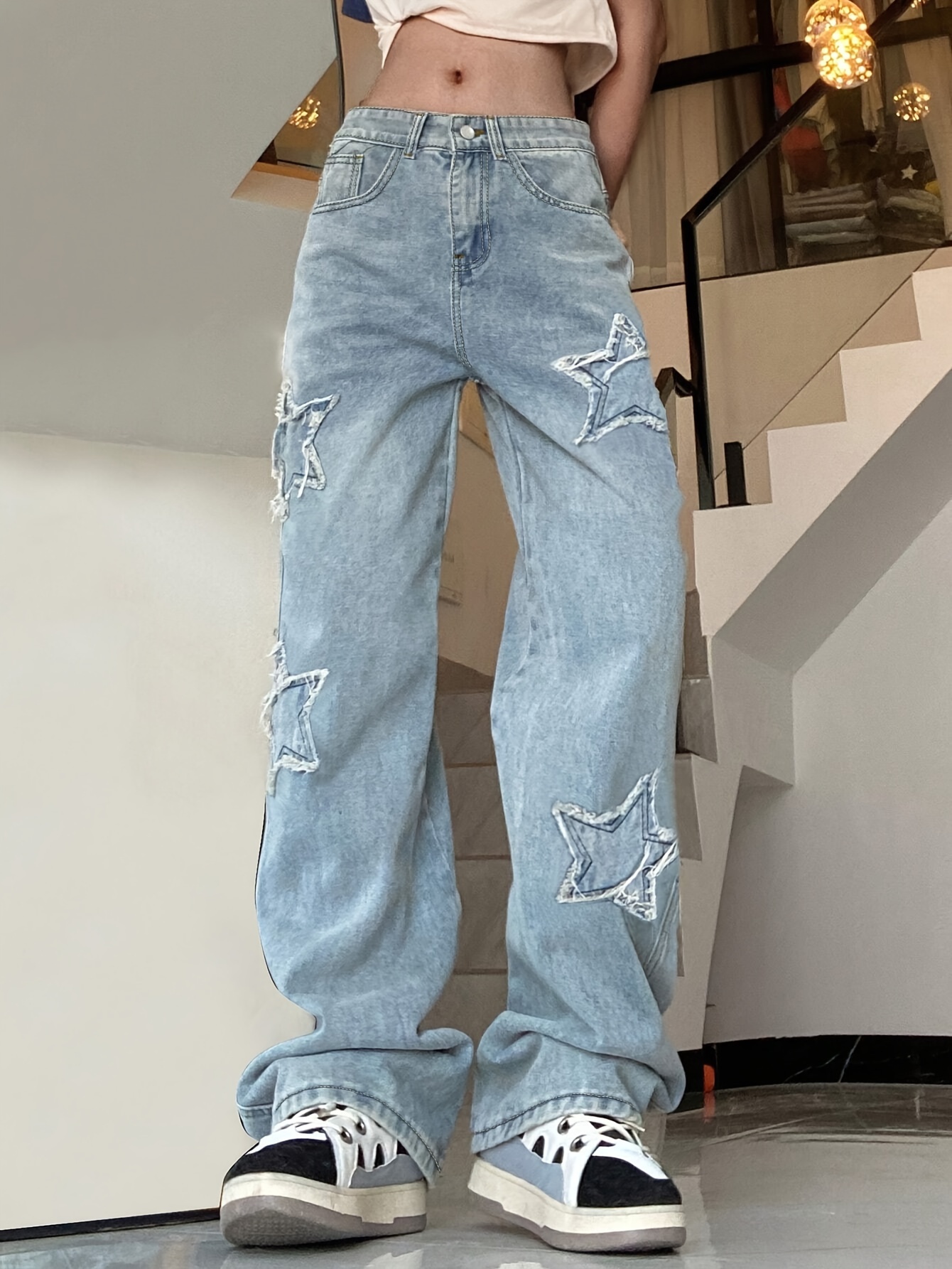 blue star shape patchwork straight jeans loose fit slant pockets non stretch denim pants womens denim jeans clothing details 1