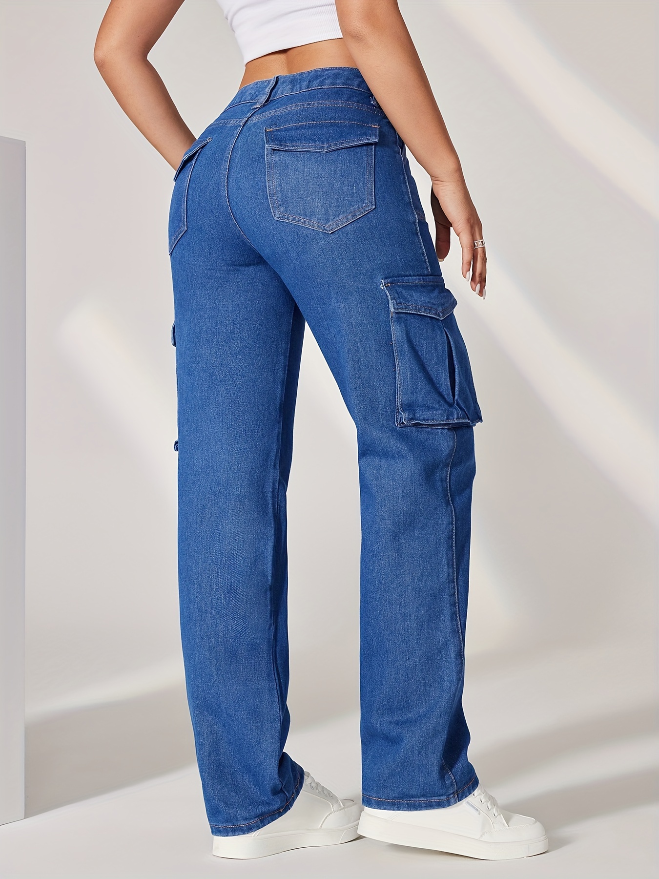 blue flap pockets cargo pants loose fit high waist y2k kpop style straight jeans womens denim jeans clothing details 0