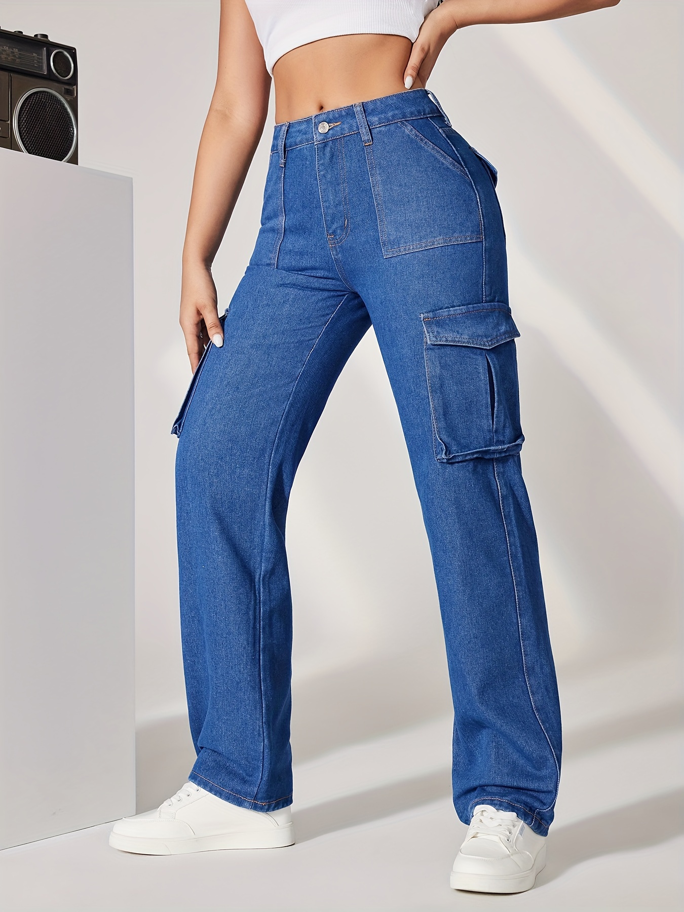 blue flap pockets cargo pants loose fit high waist y2k kpop style straight jeans womens denim jeans clothing details 4