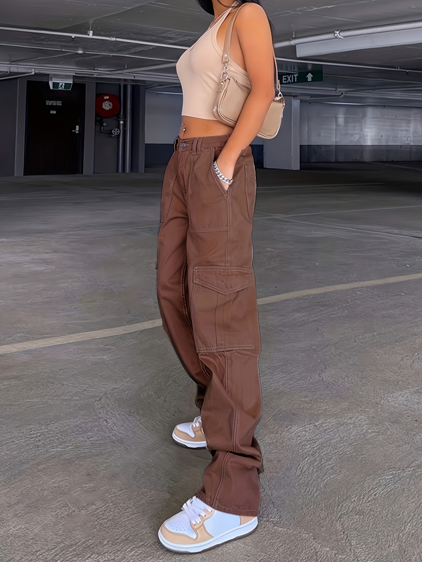 loose fit high waist cargo pants wide legs high rise flap pockets non stretch straight legs denim pants y2k kpop vintage style womens denim jeans clothing details 1