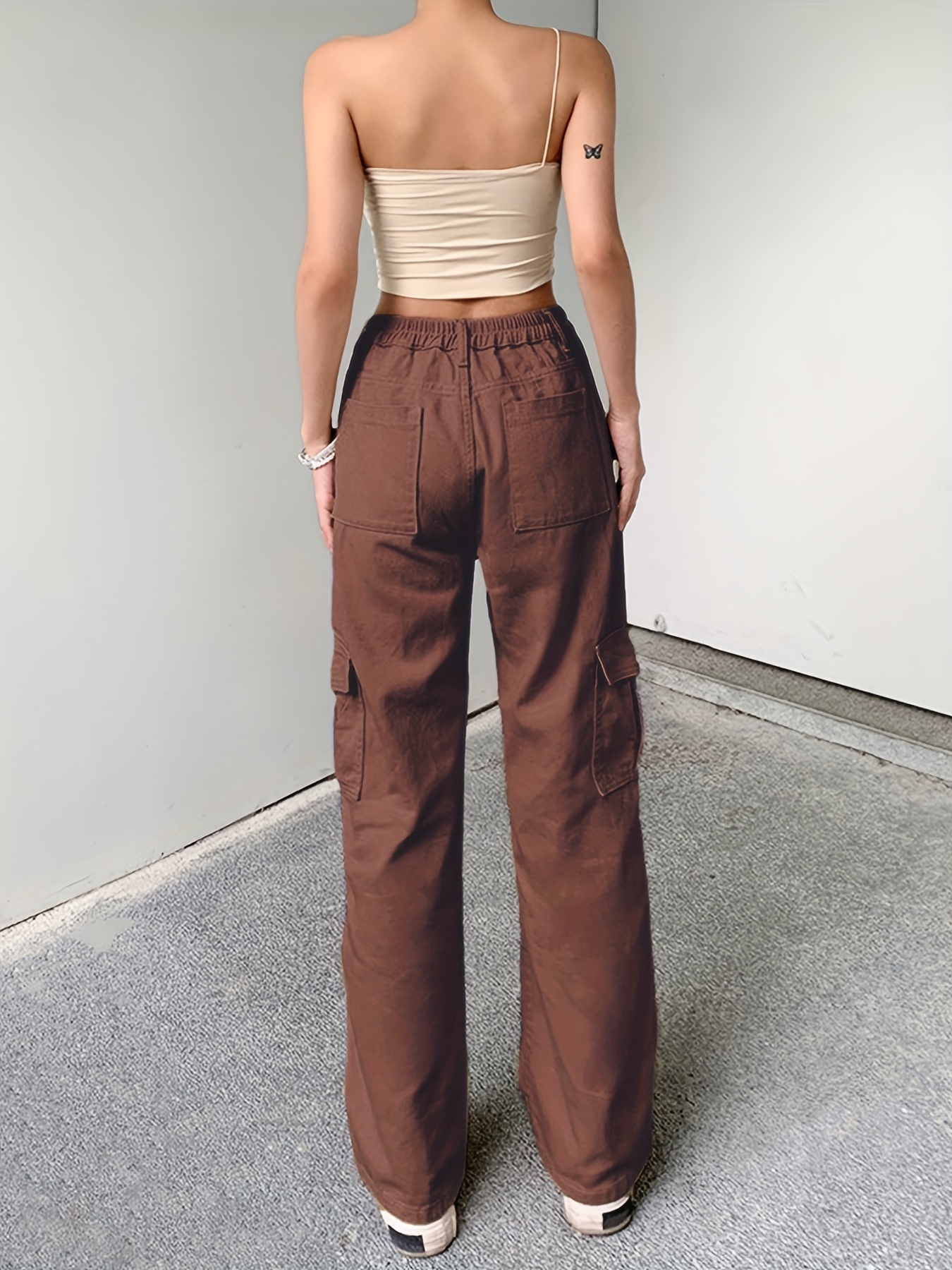 loose fit high waist cargo pants wide legs high rise flap pockets non stretch straight legs denim pants y2k kpop vintage style womens denim jeans clothing details 3