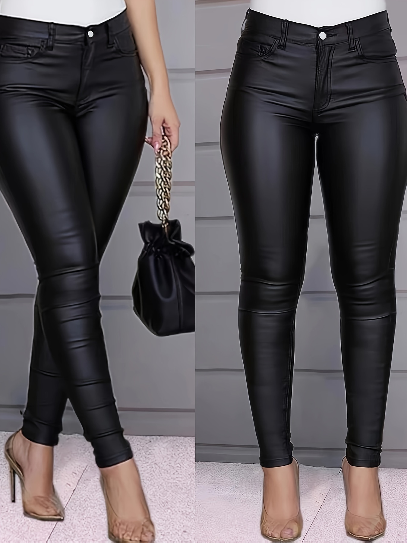 black leather look skinny jeans high stretch slim fit chic tight jeans womens denim jeans clothing details 2