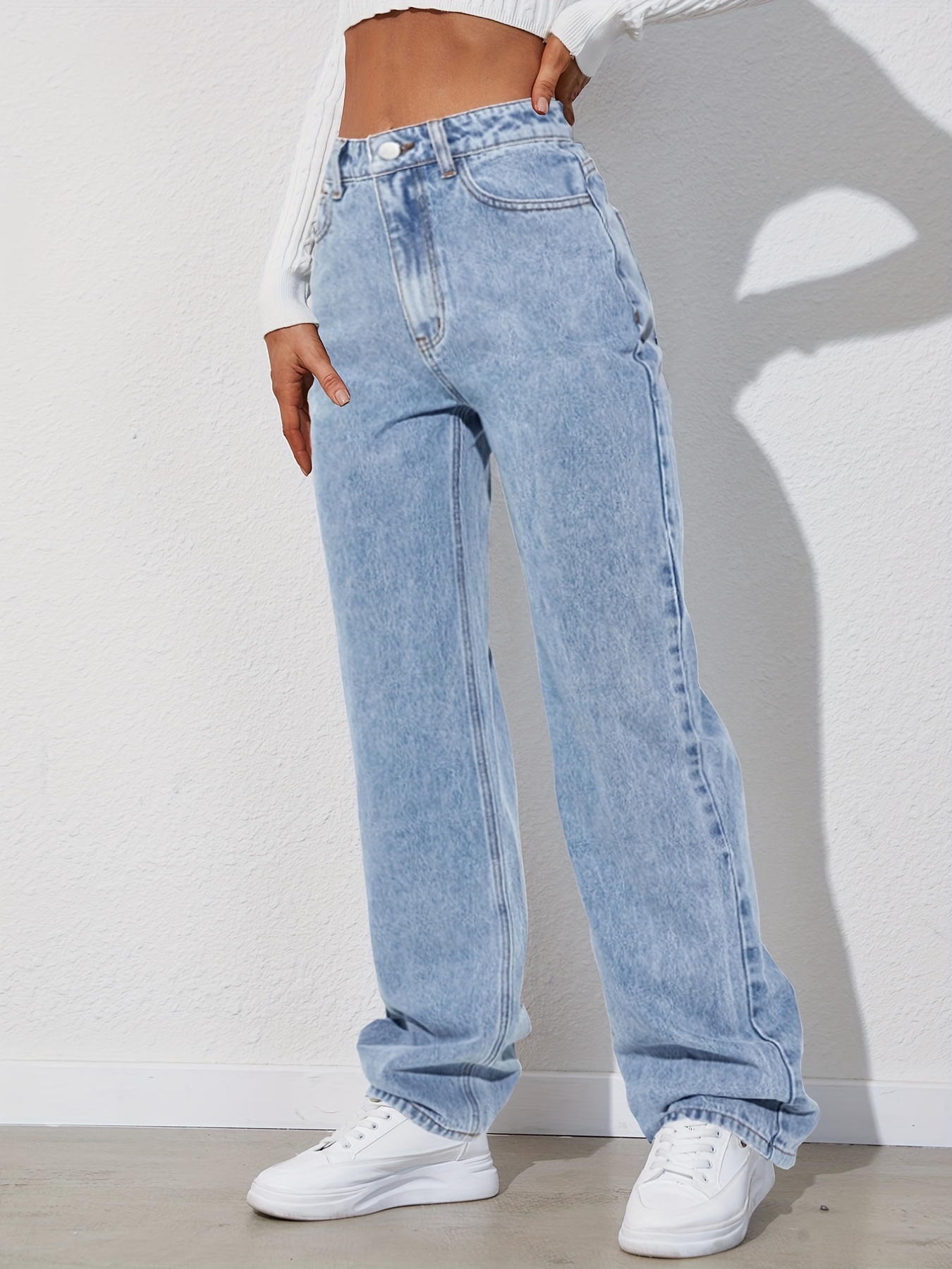 light blue versatile straight jeans loose fit slash pockets baggy denim pants womens denim jeans clothing details 1