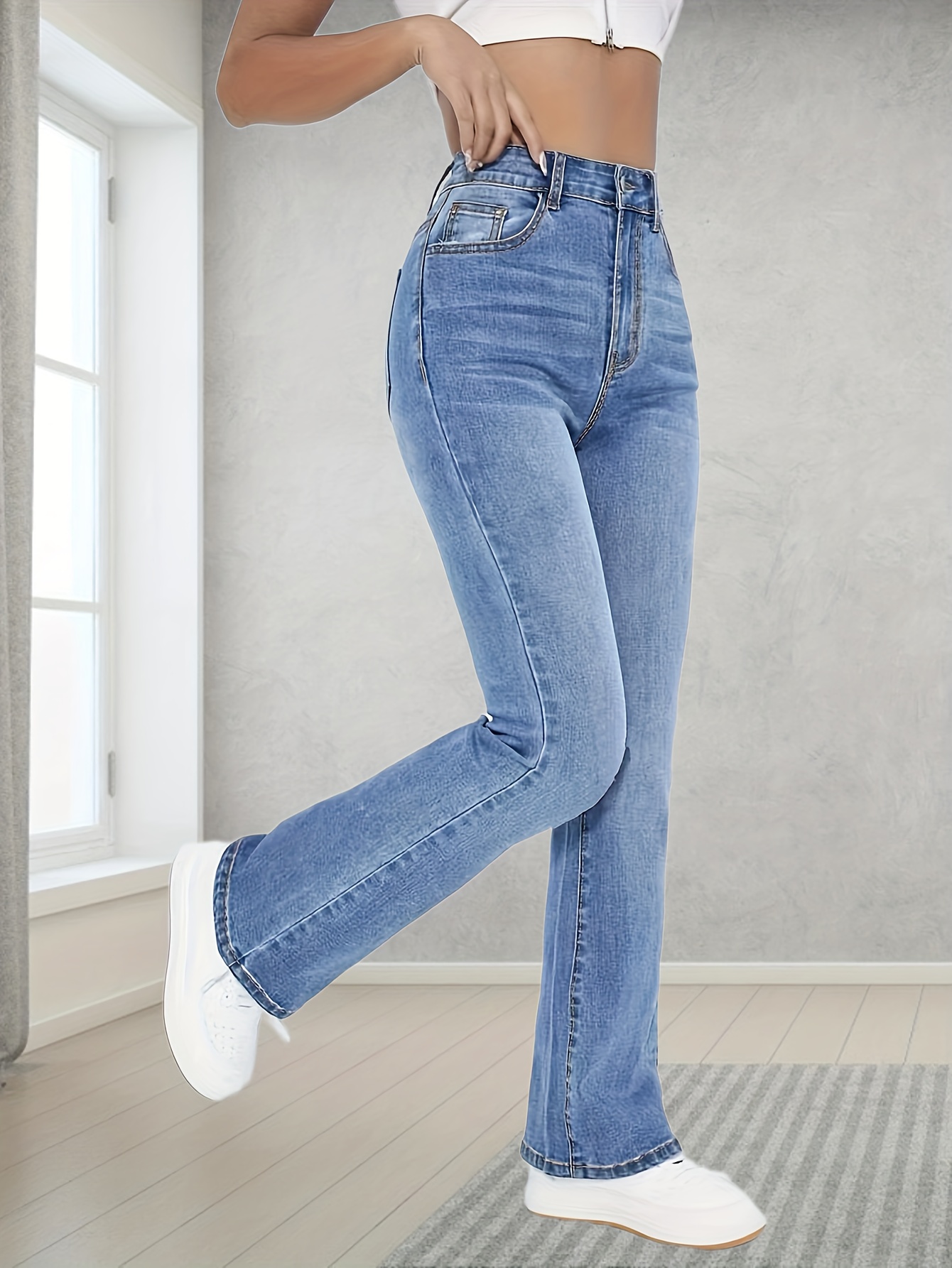 light blue casual bootcut jeans mid stretch slant pockets high waist denim pants womens denim jeans clothing details 1