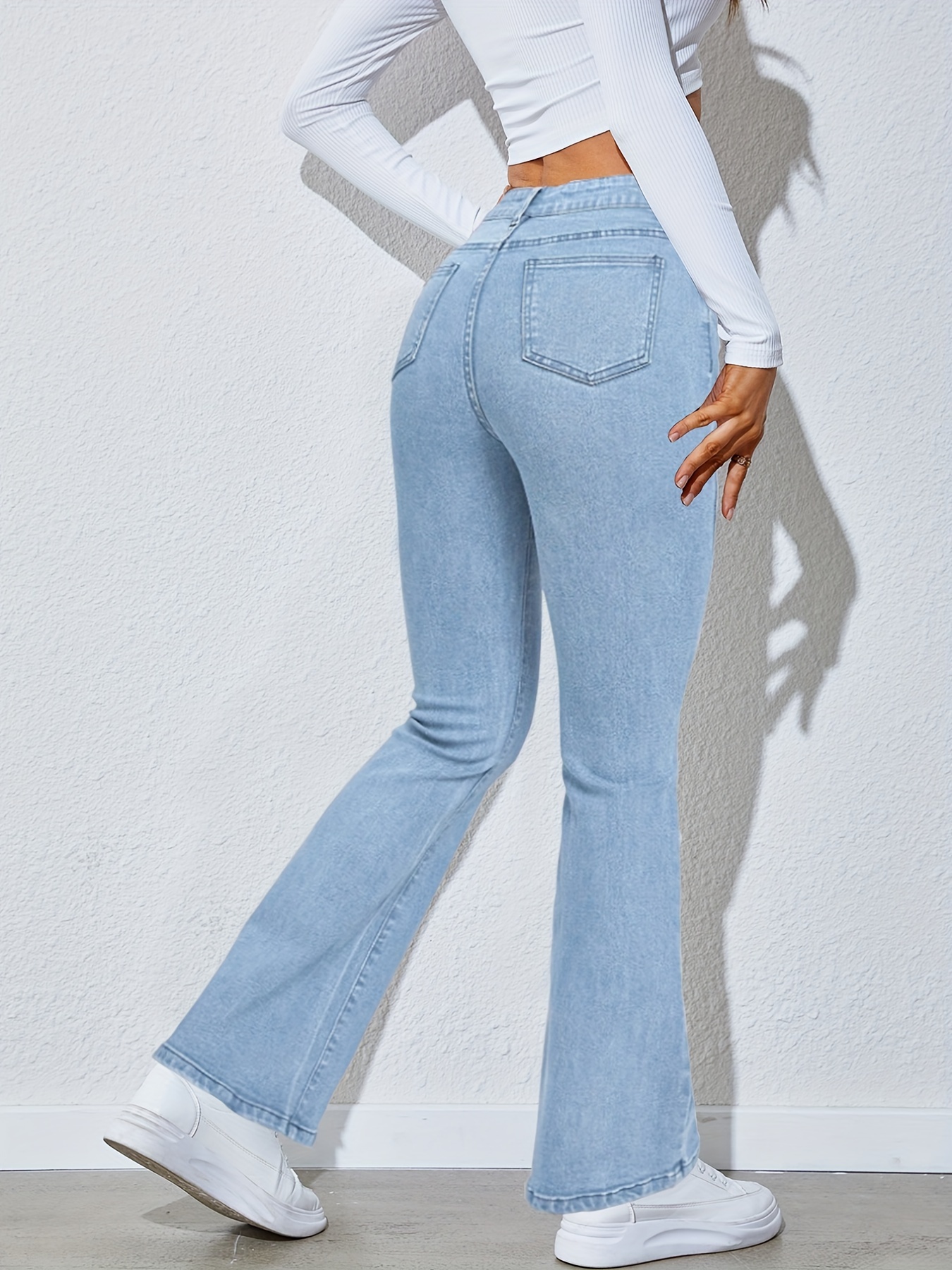 high waist high strech light blue bootcut jeans zipper button closure flare leg causal denim pants womens denim jeans clothing details 0