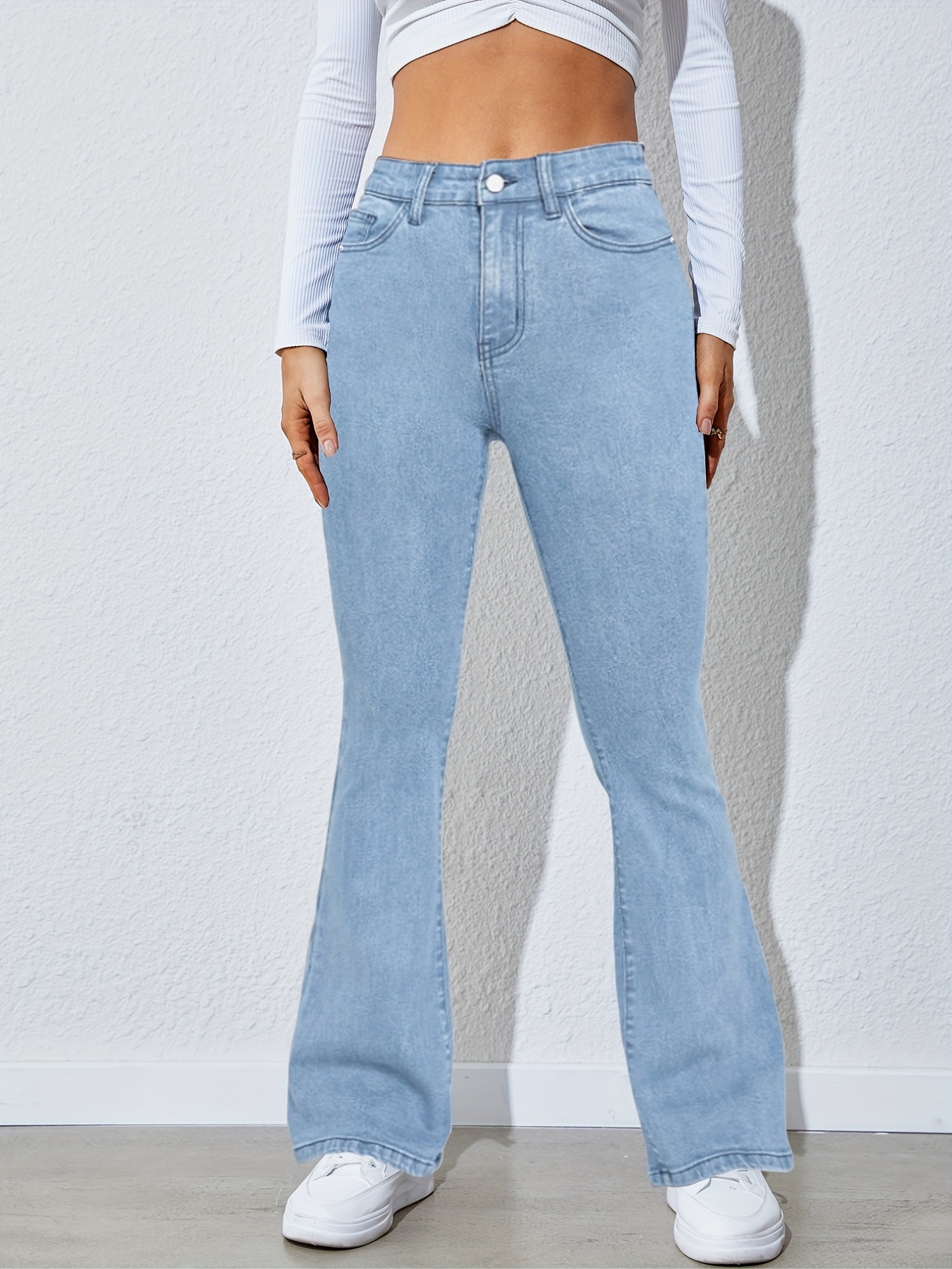 high waist high strech light blue bootcut jeans zipper button closure flare leg causal denim pants womens denim jeans clothing details 1