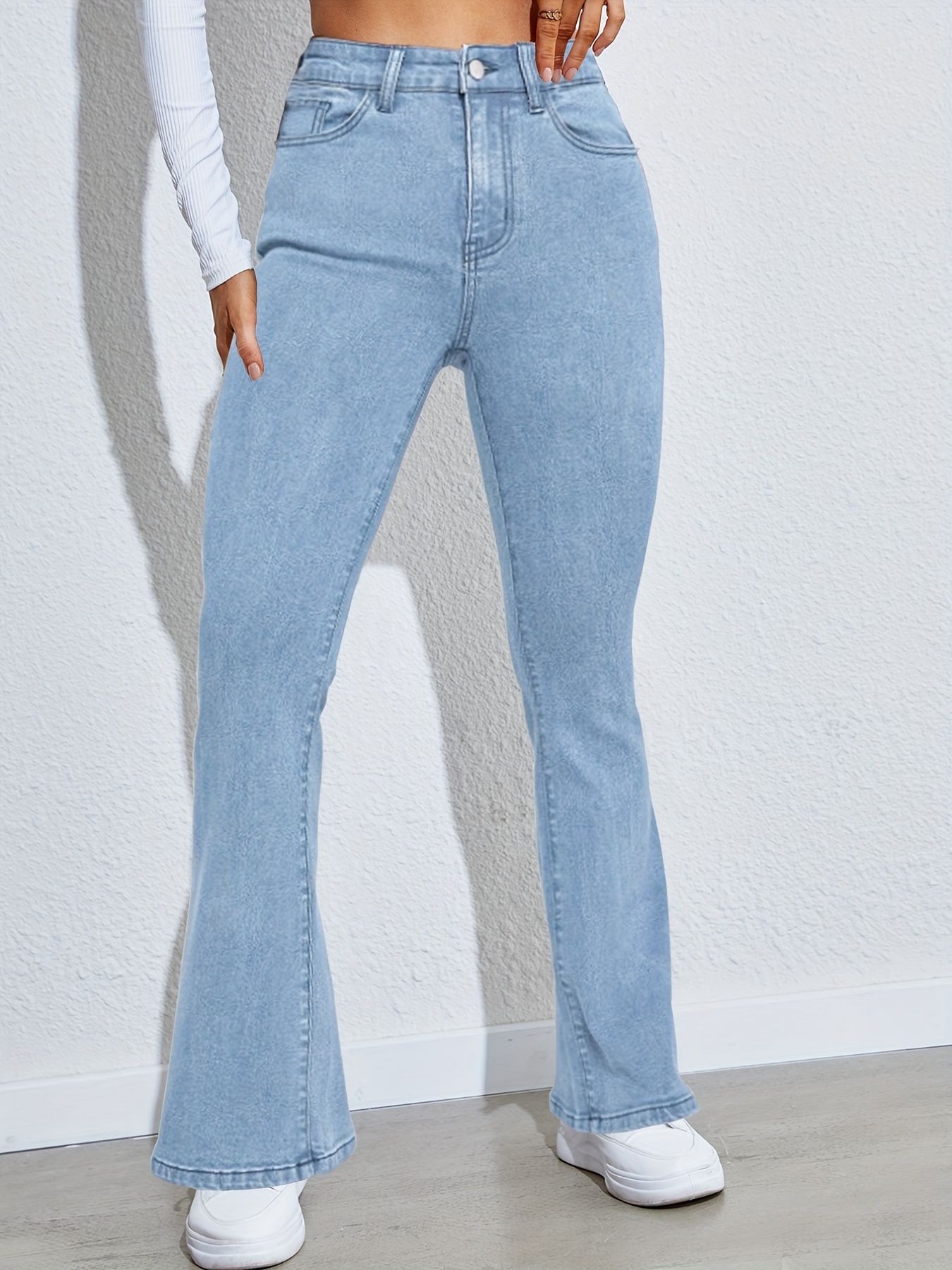 high waist high strech light blue bootcut jeans zipper button closure flare leg causal denim pants womens denim jeans clothing details 4